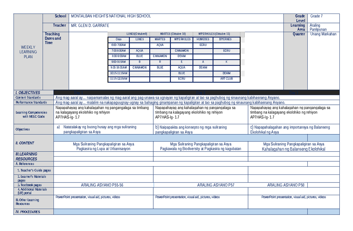 WLP Garrate - WEEKLY LEARNING PLAN School MONTALBAN HEIGHTS NATIONAL ...