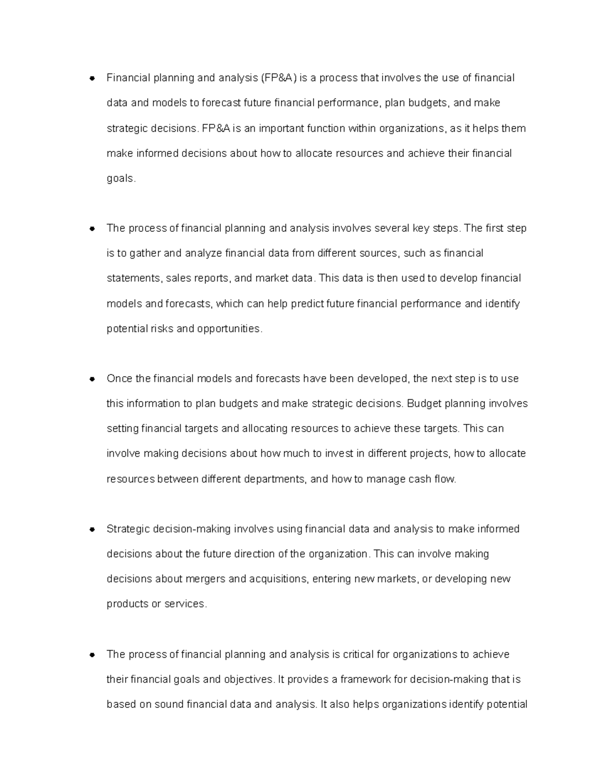 Financial Planning And Analysis FP A Is An Important Function Within 