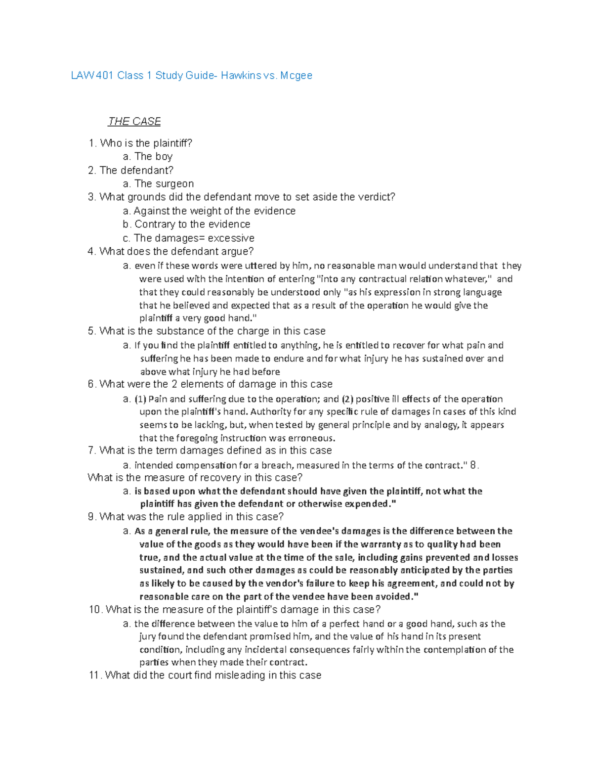 Review Hawkins vs. Mcgee LAW 401 Class 1 Study Guide Hawkins vs