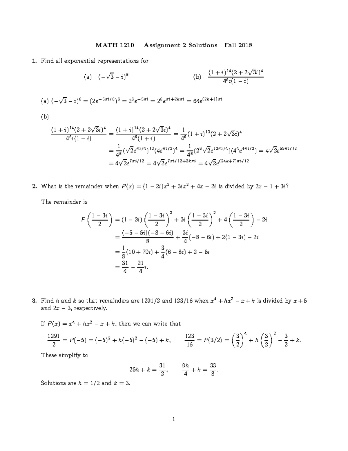 Assignment 2f18s - MATH 1210 Assignment 2 Solutions Fall 2018 1. Find ...