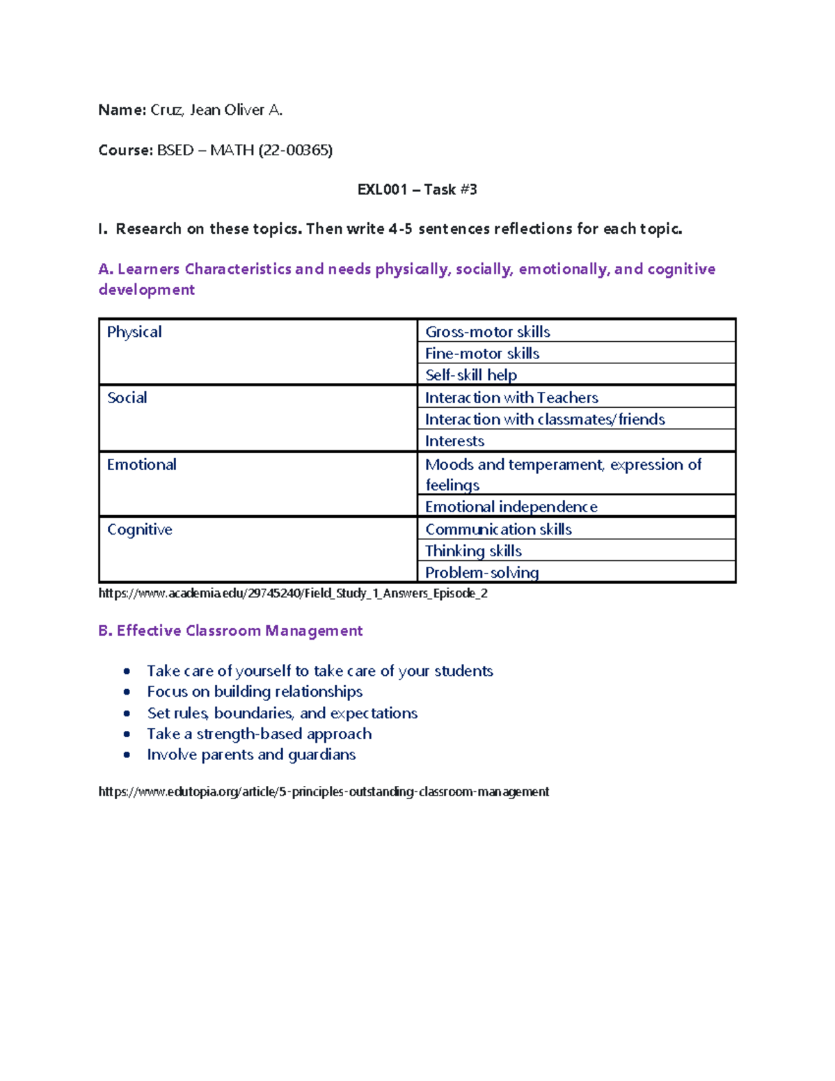 Cruz EXL001T3 - Field study research assignment with sources. - Name ...