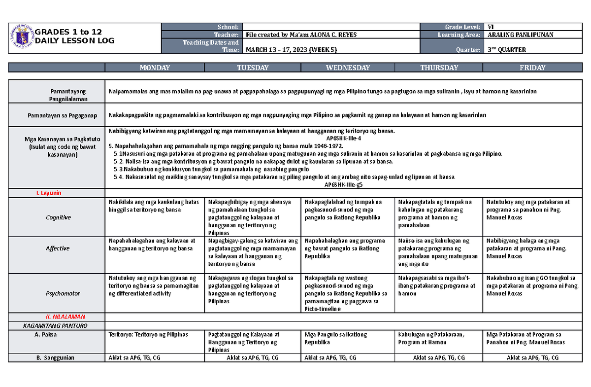 DLL Araling Panlipunan 6 Q3 W5 - GRADES 1 To 12 DAILY LESSON LOG School ...