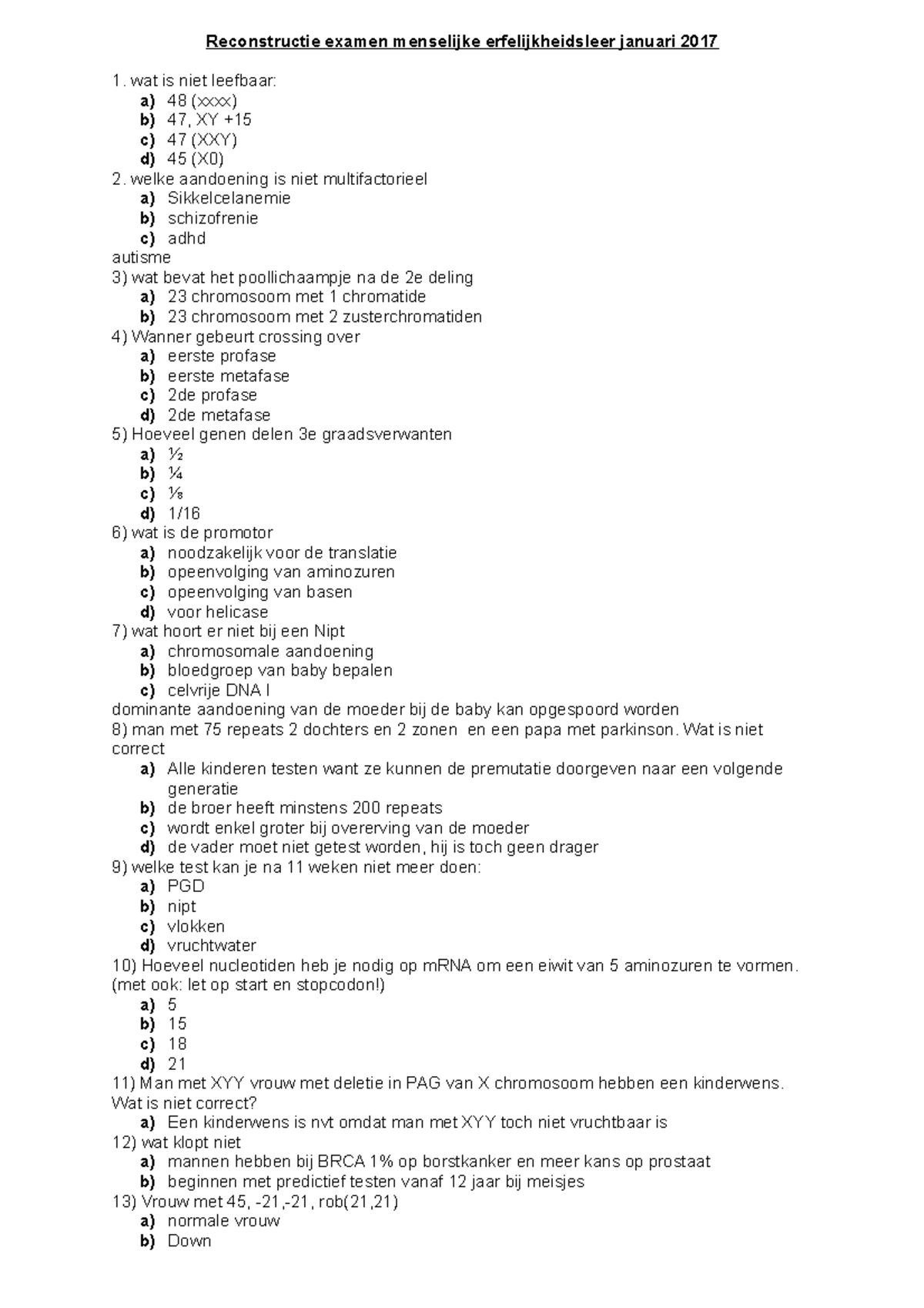 Reconstructie Examen Menselijke Erfelijkheidsleer Januari 2017 - Wat Is ...