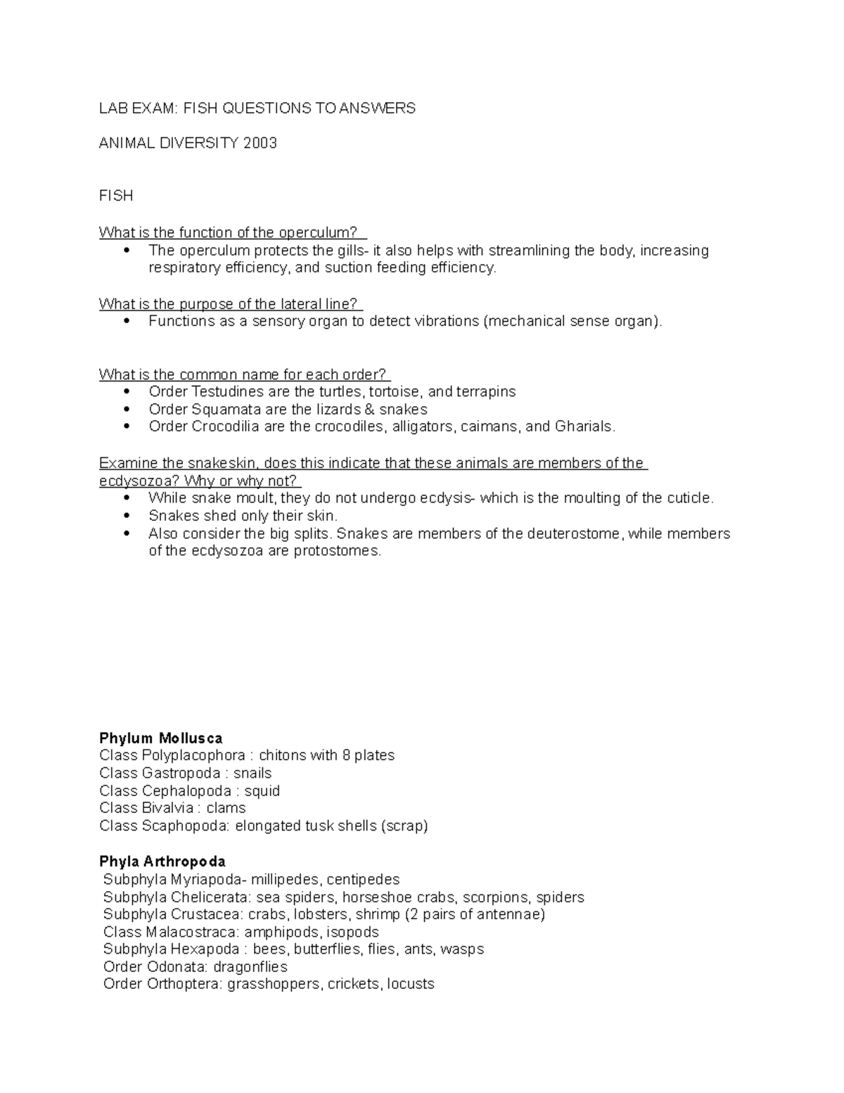 LAB EXAM fish Answers - LAB EXAM: FISH QUESTIONS TO ANSWERS ANIMAL ...