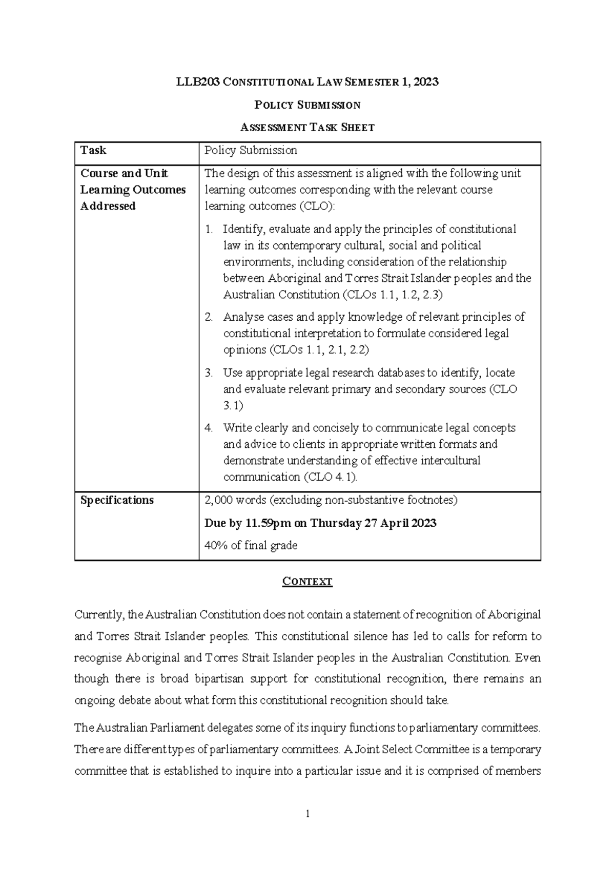 Policy Submission Task - LLB203 CONSTITUTIONAL LAW SEMESTER 1, 2023 ...