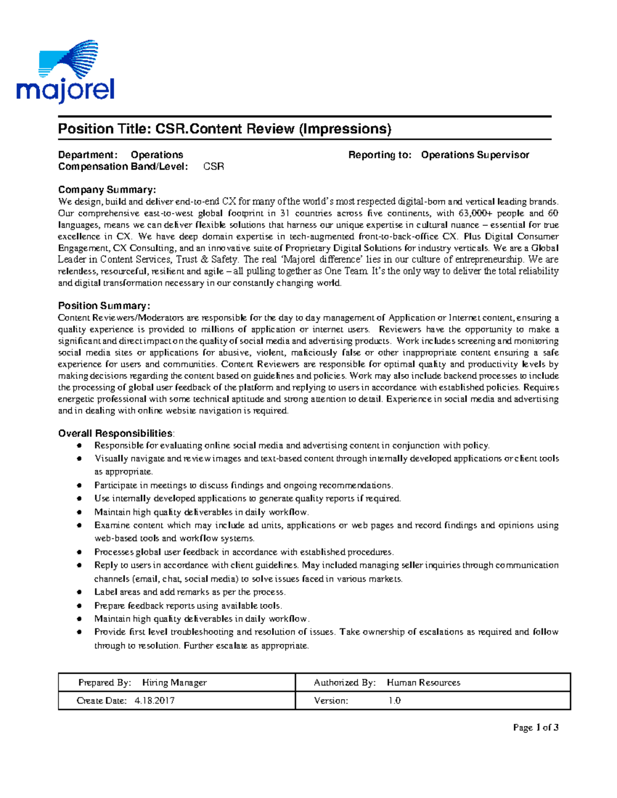 CSR.Content Reviewer - test - Position Title: CSR Review (Impressions ...