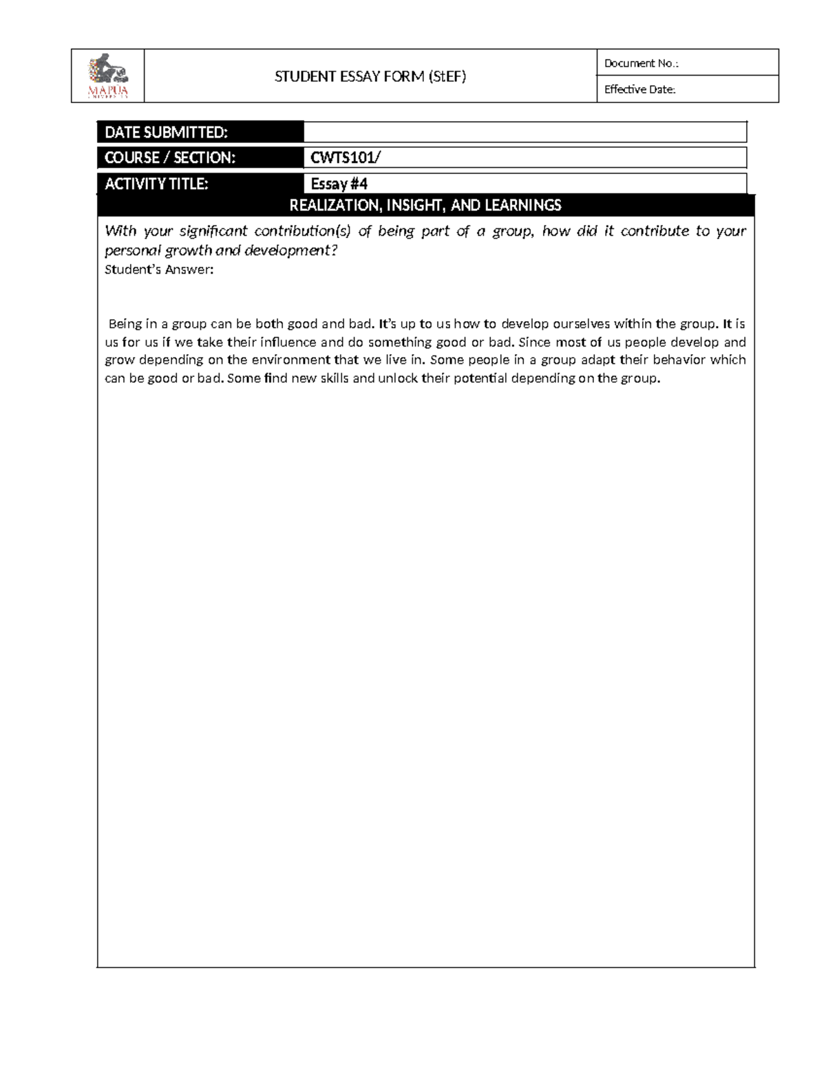 Form - CWTS101 Essay #4 - none - STUDENT ESSAY FORM (StEF) Document No ...