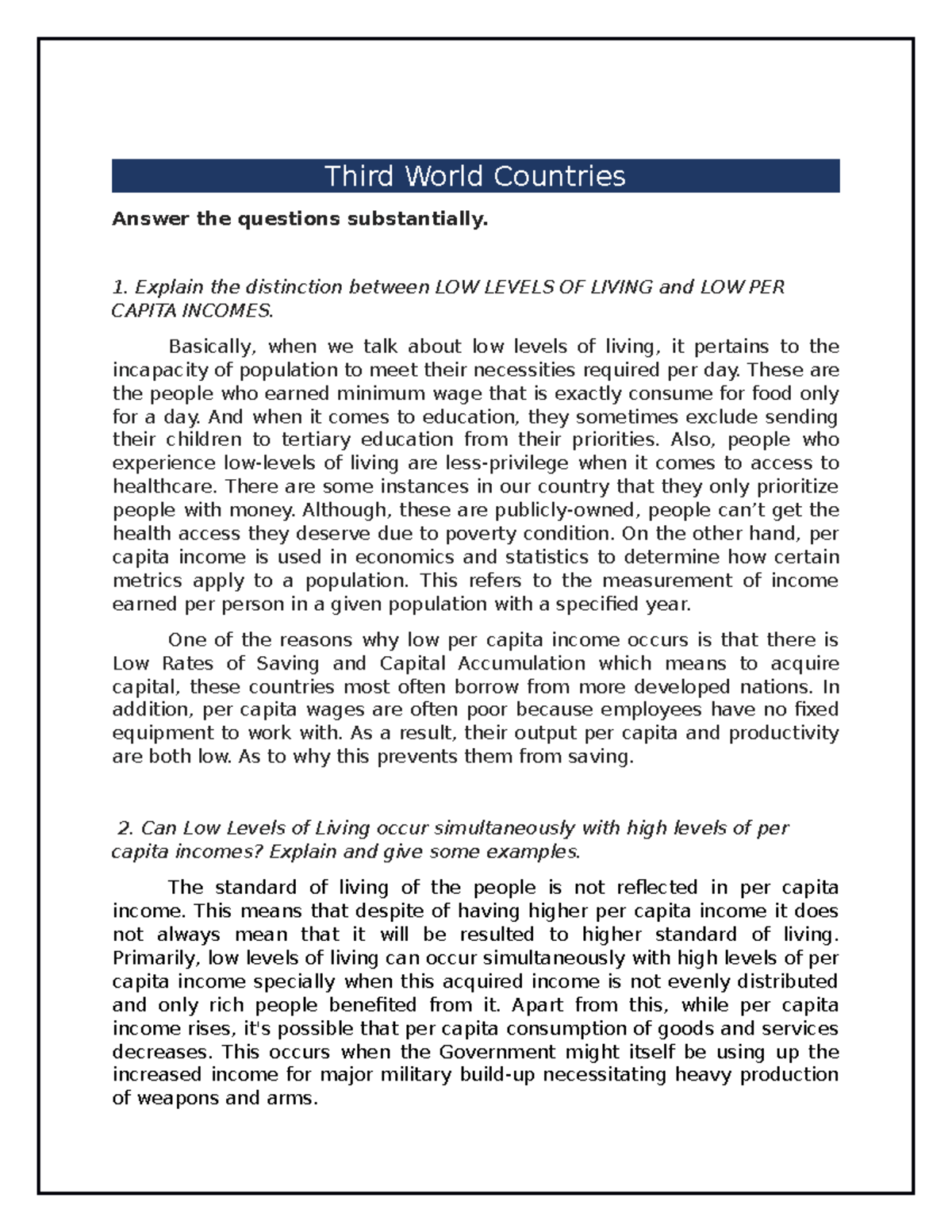 Comparative Economics Third World Countries Answer the questions