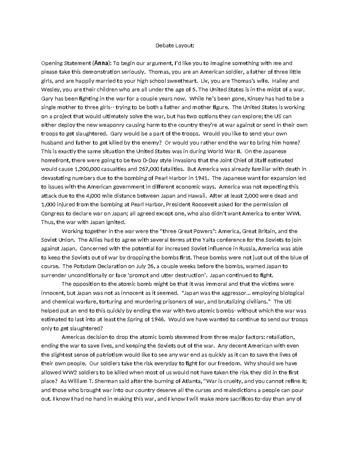 Atomic Bomb Debate - Debat layout - Debate Layout: Opening Statement ...