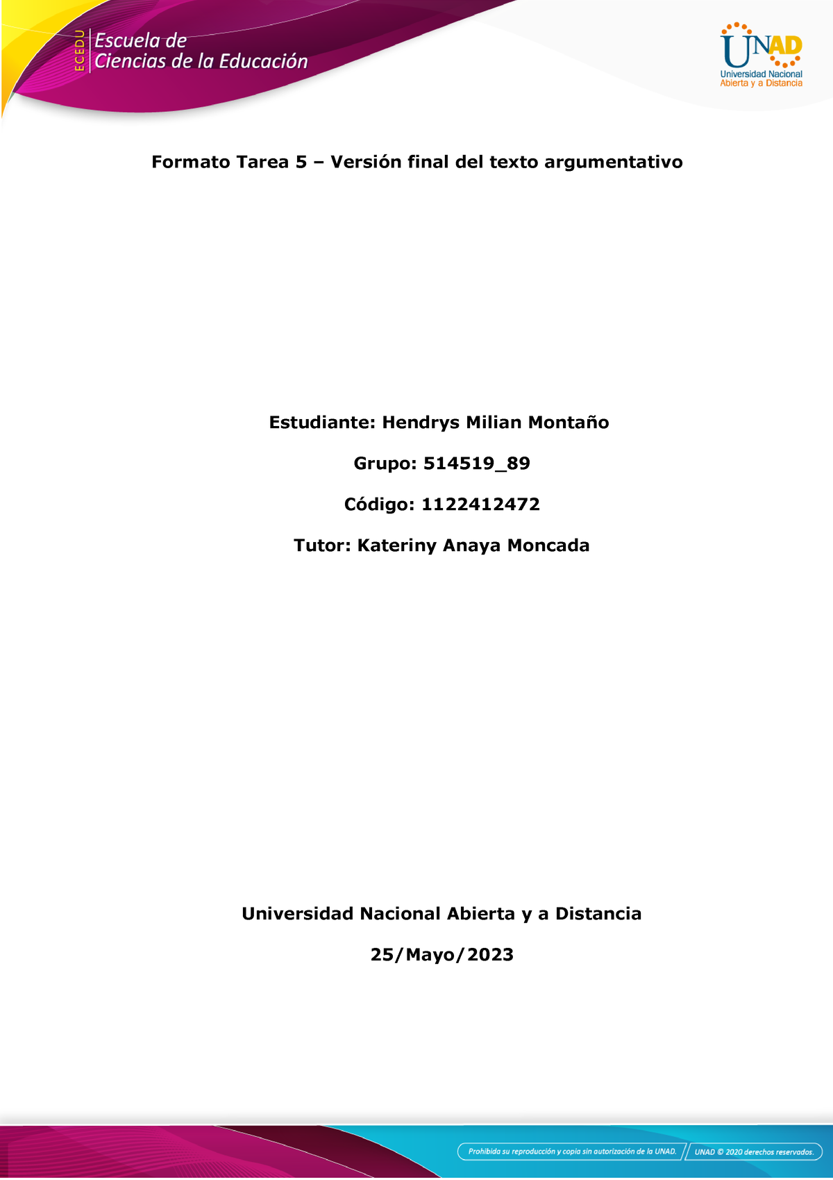 Tarea 5-Versión Final Del Texto Argumentativo Hendrys Milian - Formato ...