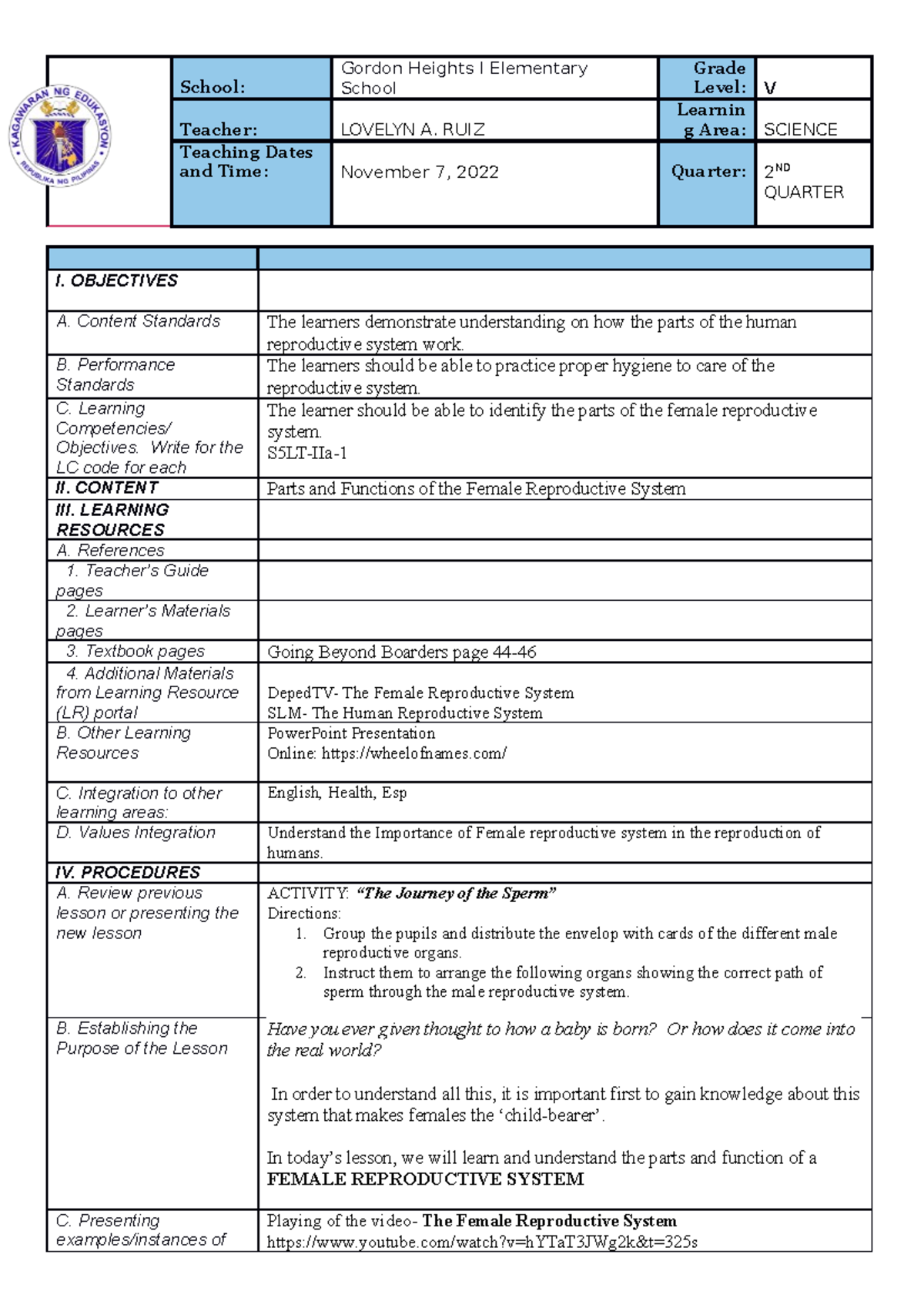 LESSON EXEMPLAR IN SCIENCE 5 - GRADE 5 DAILY LESSON LOG School: Gordon ...