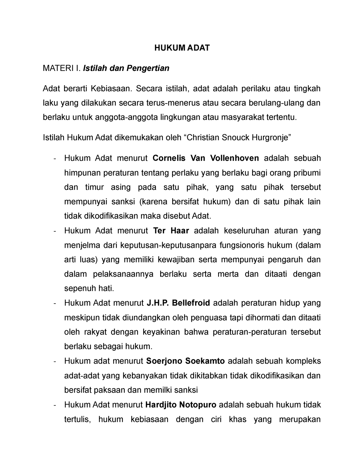 Hukum ADAT - 1 - HUKUM ADAT MATERI I. Istilah Dan Pengertian Adat ...