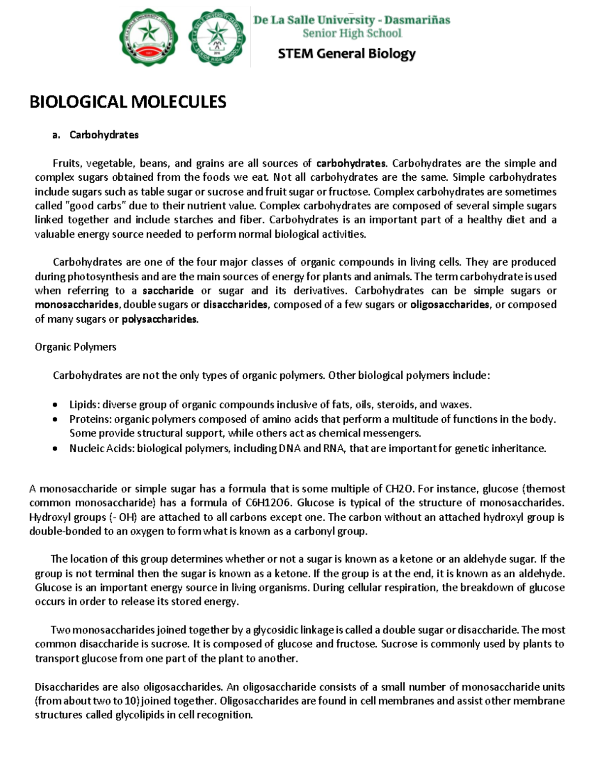 Gen Bio Summary - BIOLOGICAL MOLECULES a. Carbohydrates Fruits ...