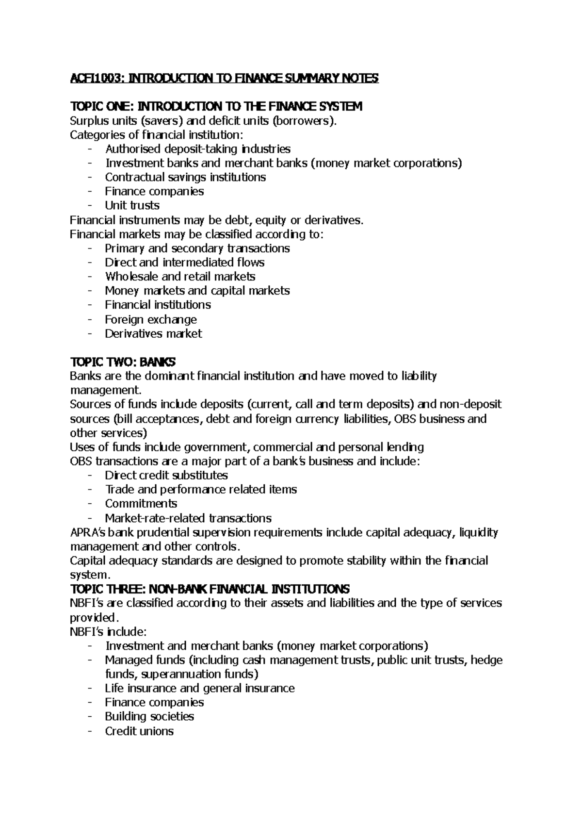 ACFI1003 Summaries - ACFI 1003 : INTRODUCTION TO FINANCE SUMMARY NOTES ...