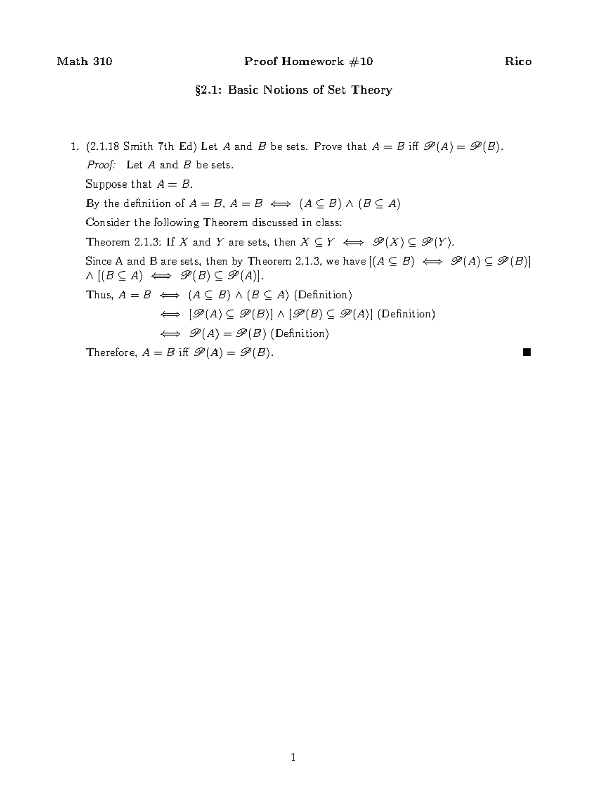 Proof Homework 10 - 1 Smith 7th Ed) Let A And B Be Sets. Prove That A ...