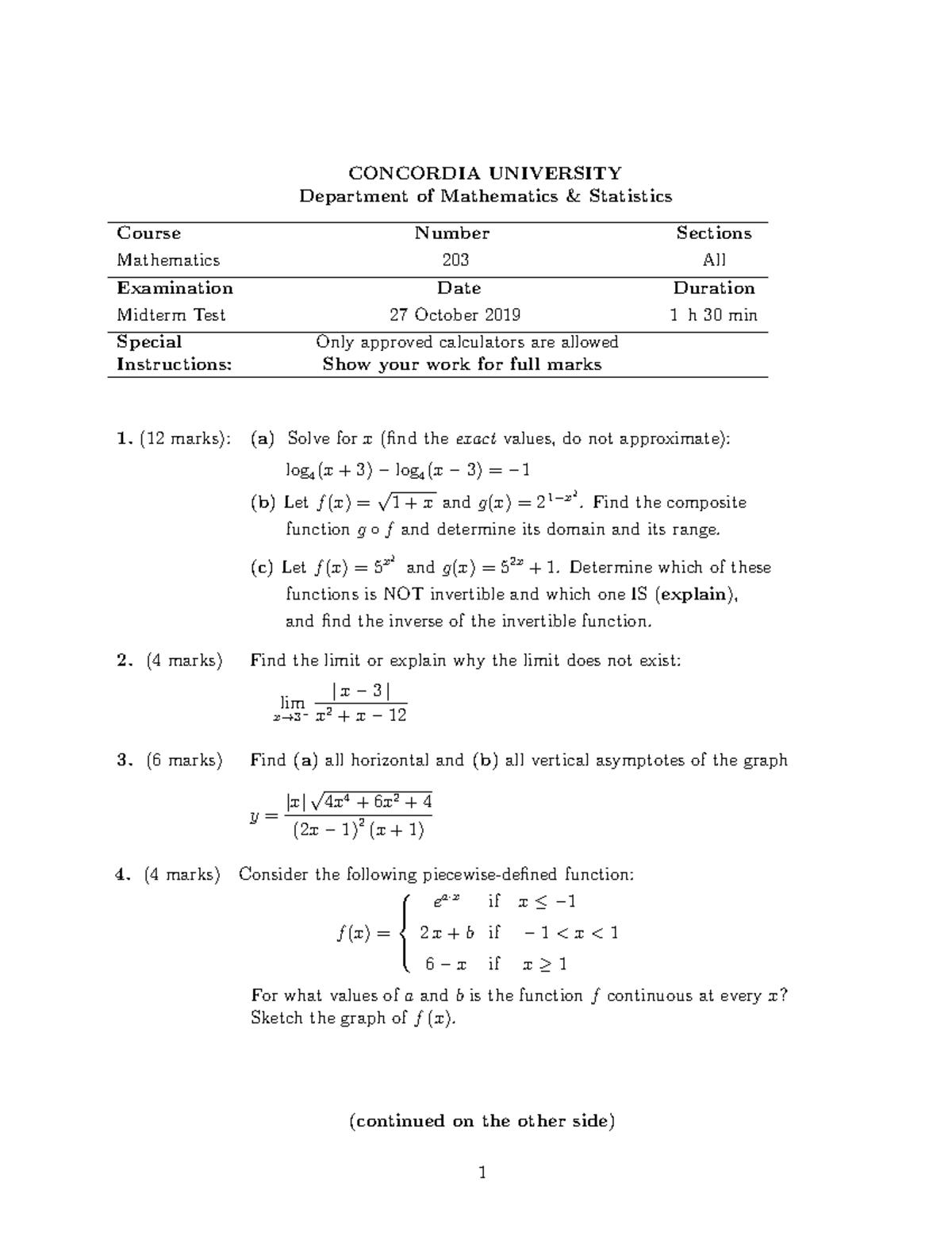 Math Midterm Practice - CONCORDIA UNIVERSITY Department Of Mathematics ...