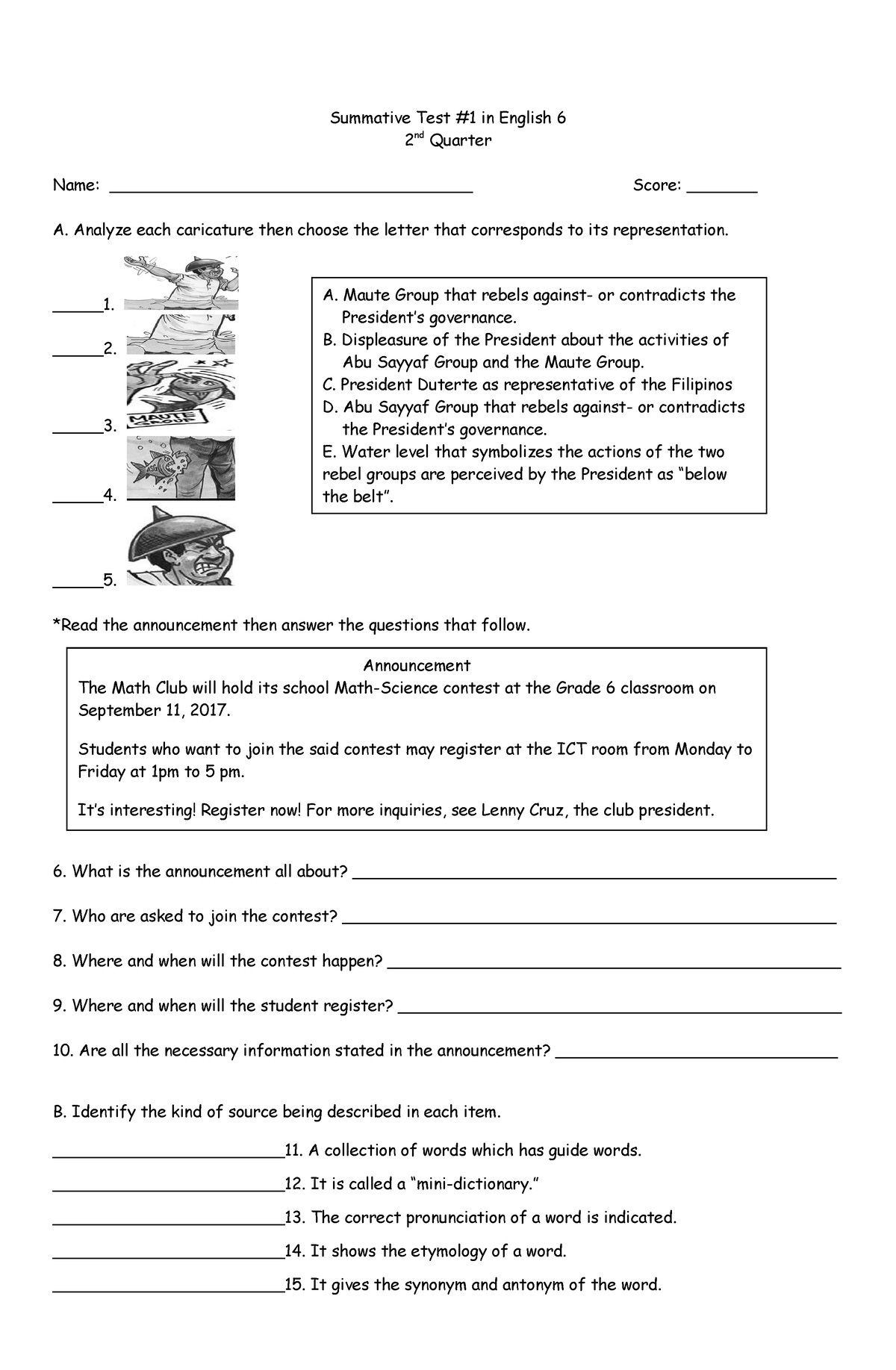 ST English 6 Q2 V2 - Summative Test - Summative Test #1 In English 6 2 ...