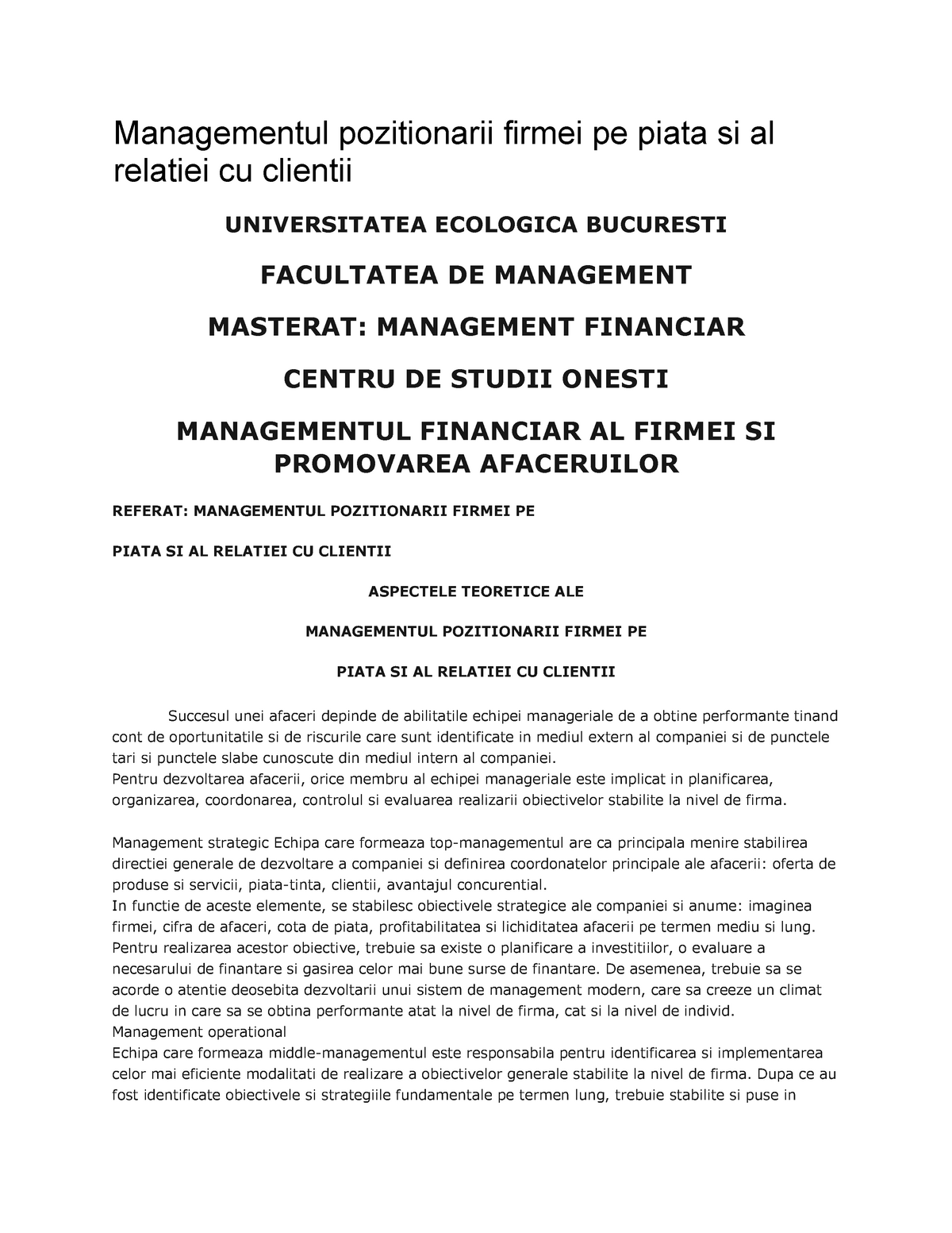 Hopefully insect Perceive Managementul pozitionarii firmei pe piata si al relatiei cu clientii -  Managementul pozitionarii - Studocu