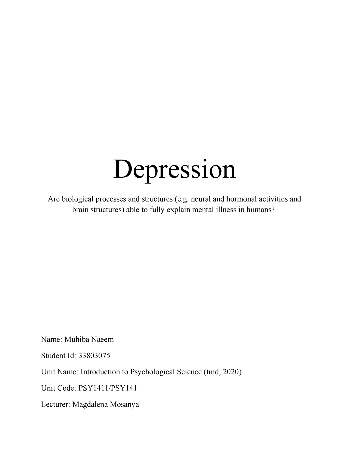 essay about depression example