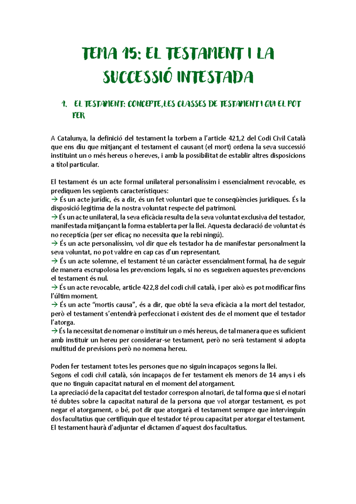Tema 15 Dret Civil - OLGA PAZ - TEMA 15: EL TESTAMENT I LA SUCCESSIÓ ...