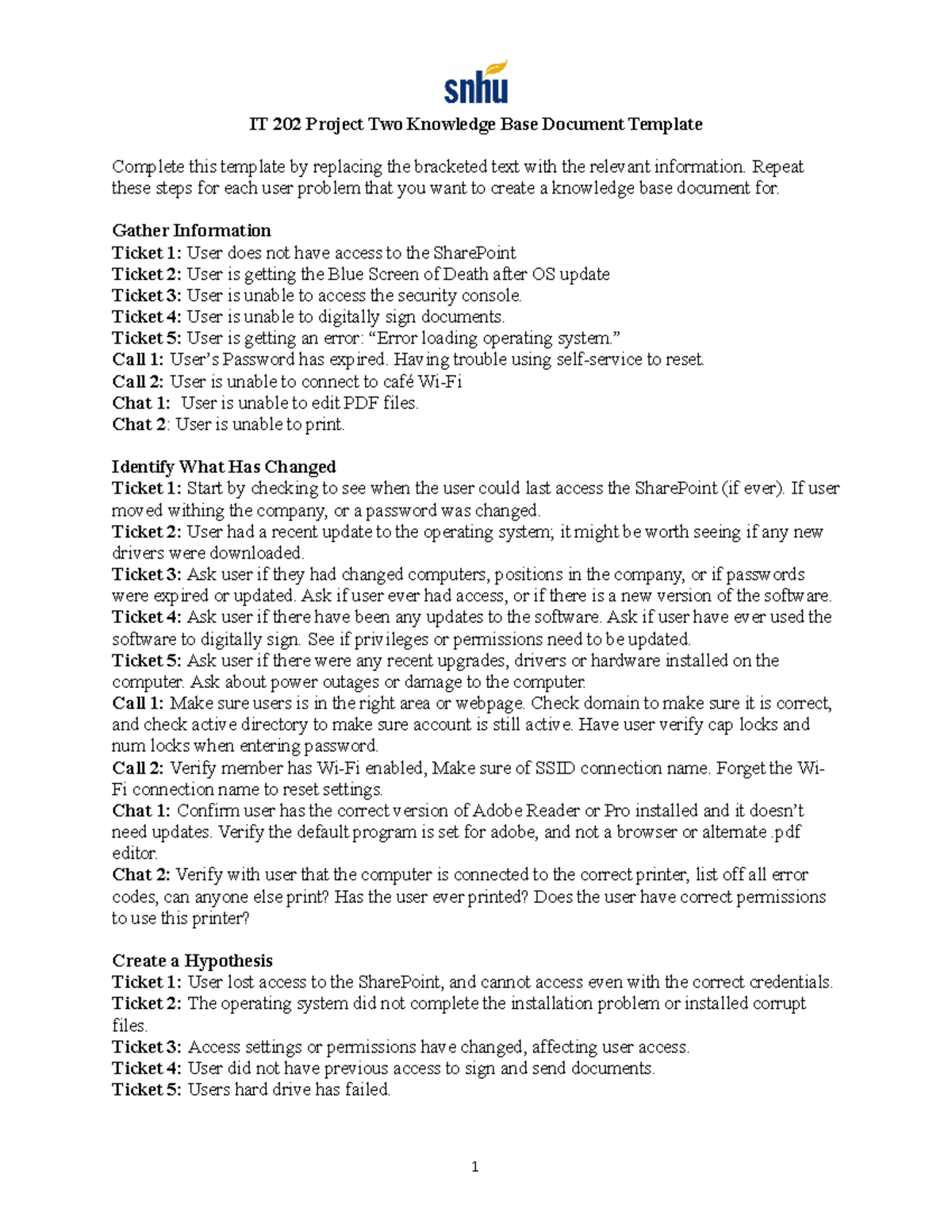 Project 2 - IT 202 Project Two Knowledge Base Document Template ...