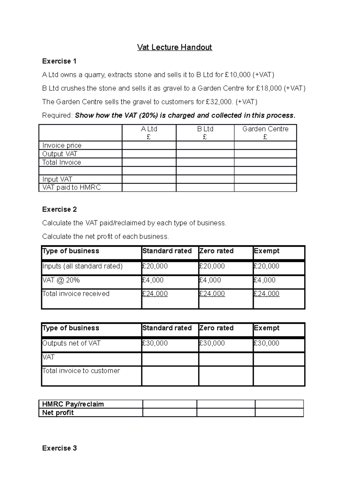 VAT Handout - Questions - Vat Lecture Handout Exercise 1 A Ltd owns a ...