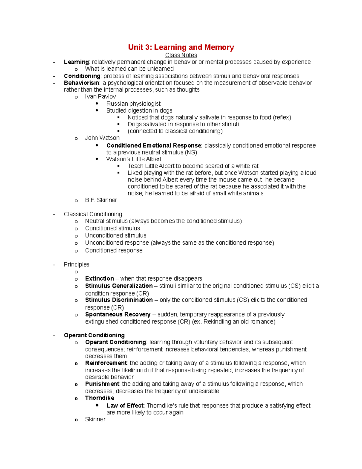Unit 3 Learning and Memory - Unit 3: Learning and Memory Class Notes ...