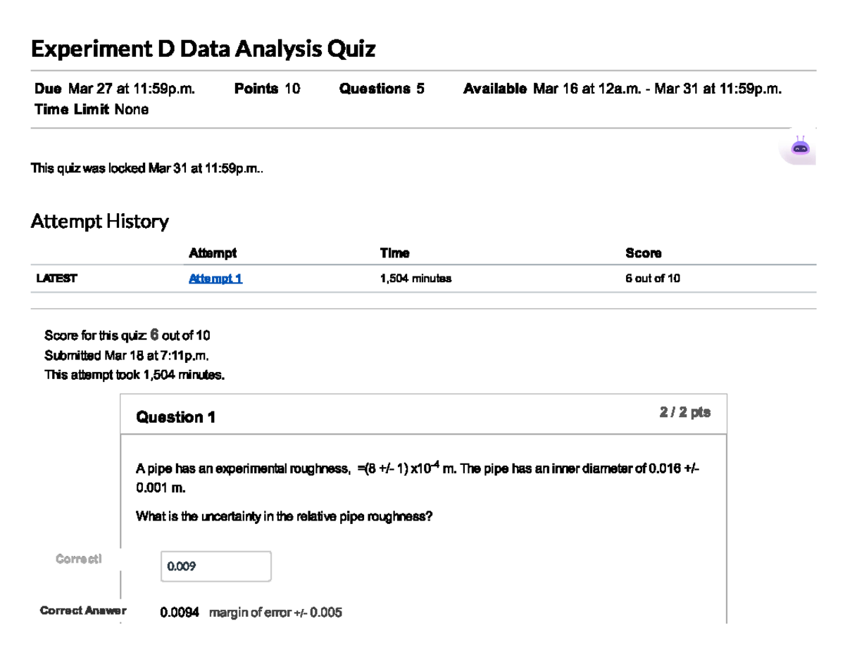 Experiment D Data Analysis Quiz - CHBE 264 - Studocu