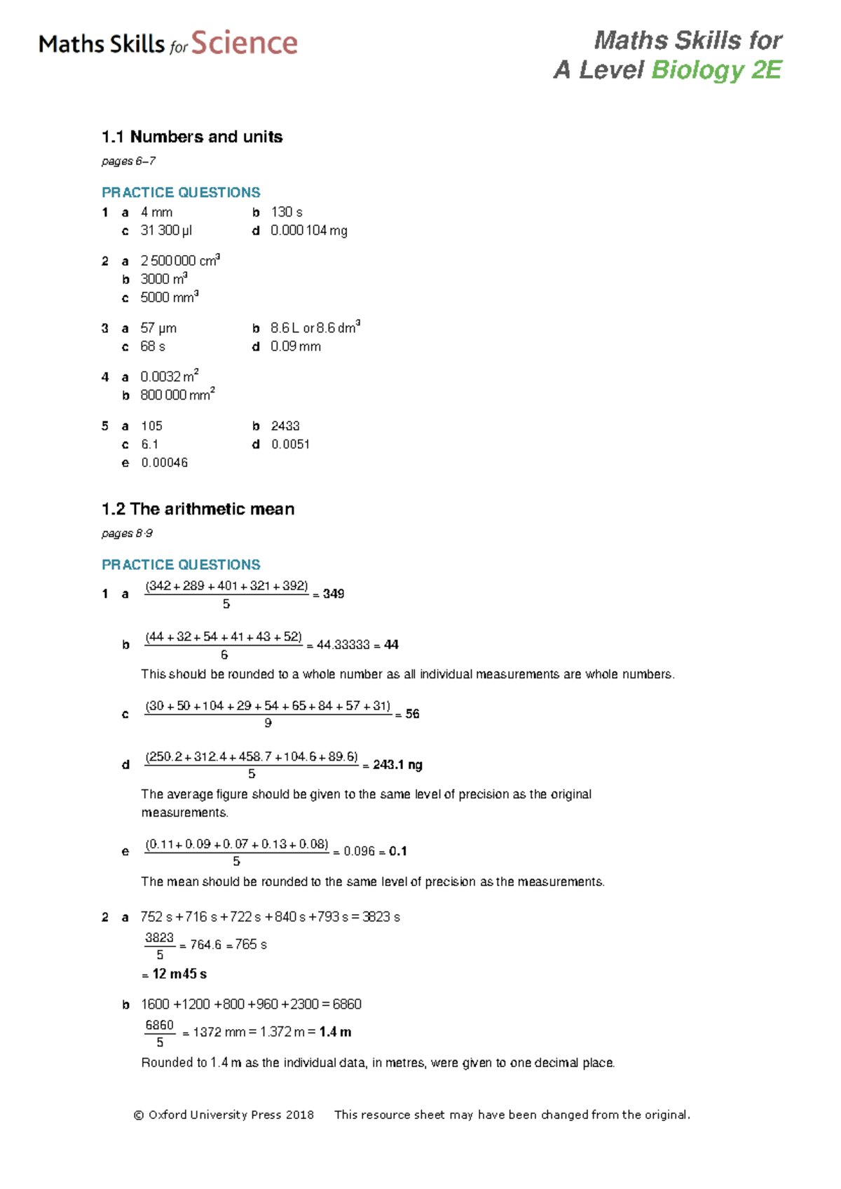 Biology Maths - Book - A Level Biology 2E 1 Numbers and units pages 6 ...