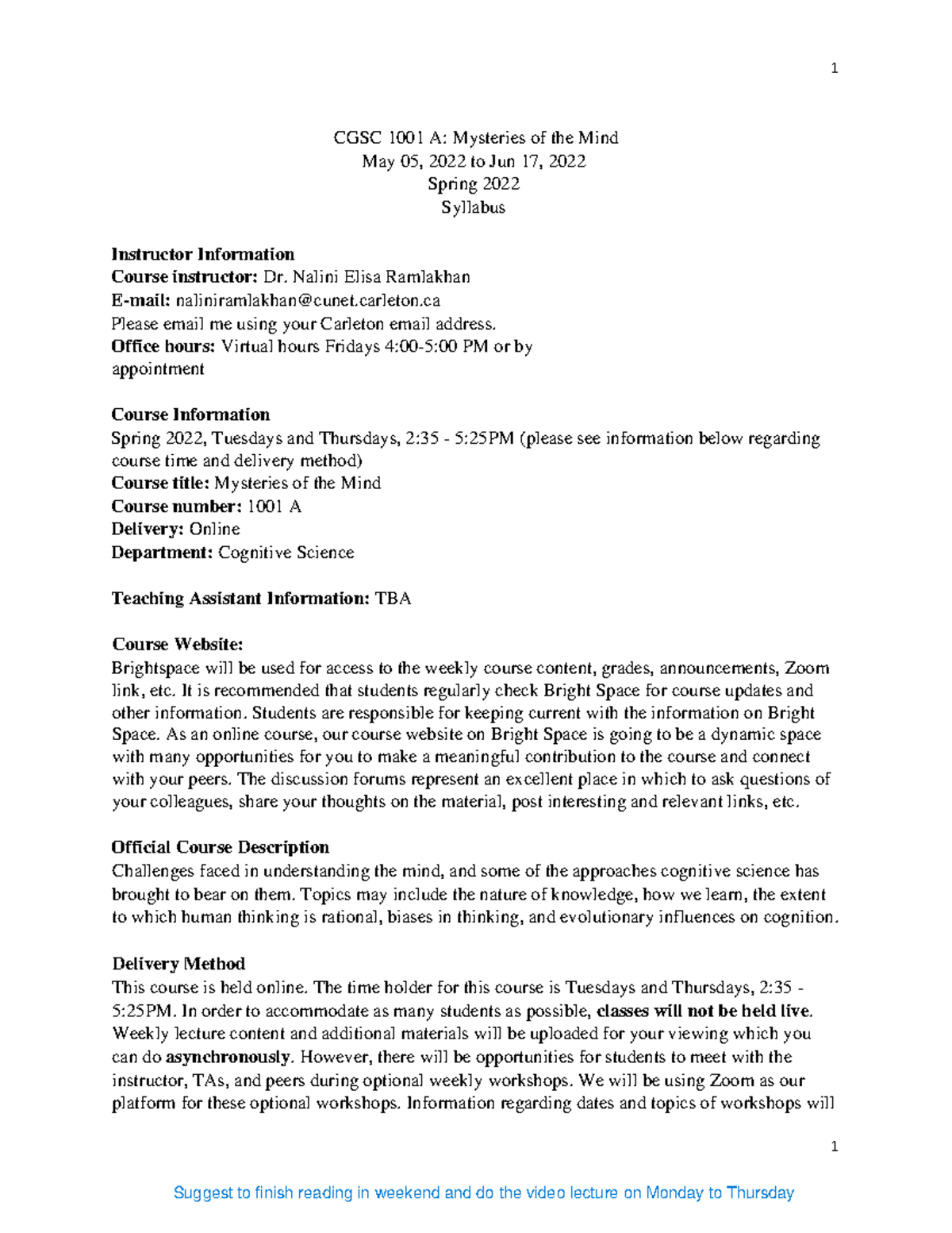 Course Syllabus 1001 - CGSC 1001 A: Mysteries Of The Mind May 05, 2022 ...