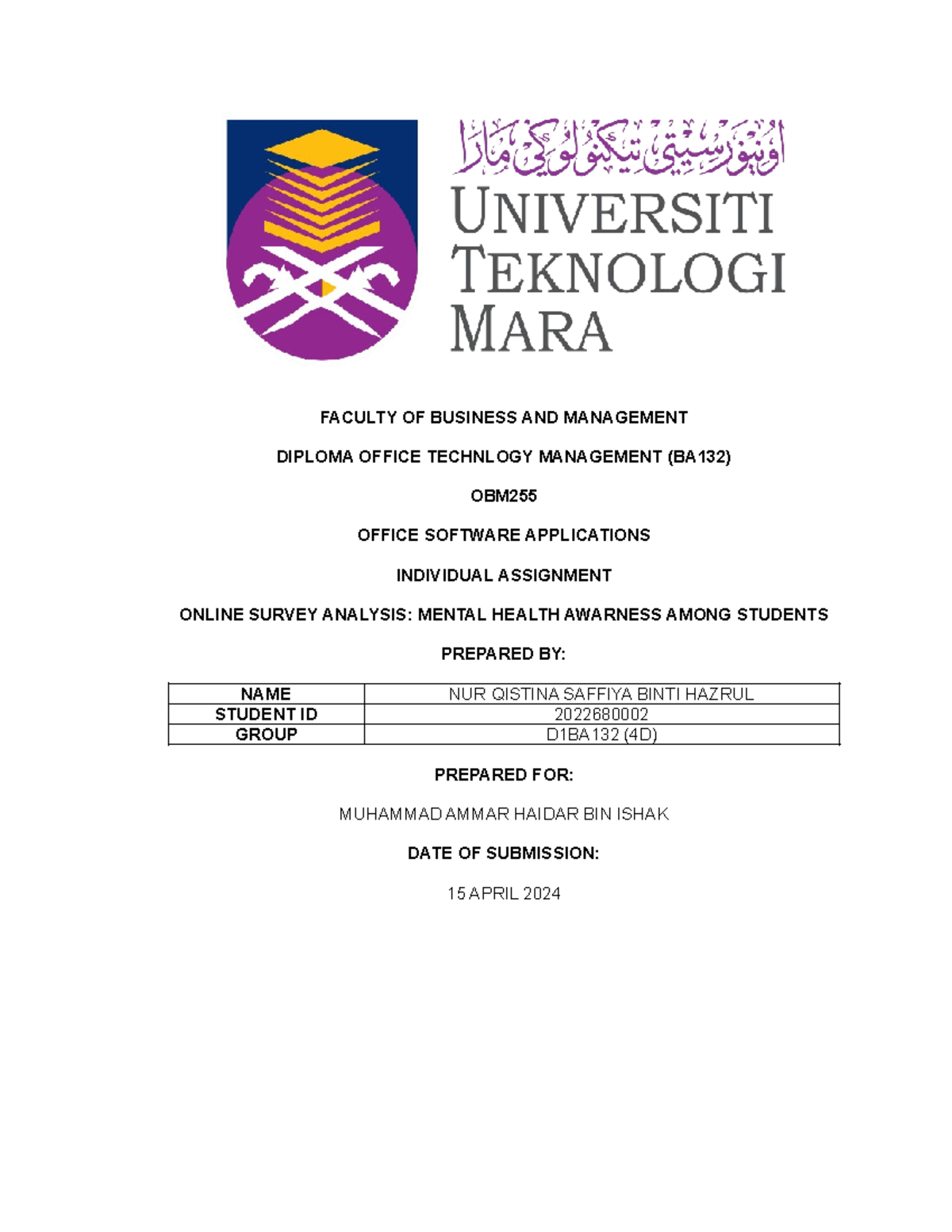 survey gform obm255 - FACULTY OF BUSINESS AND MANAGEMENT DIPLOMA OFFICE ...