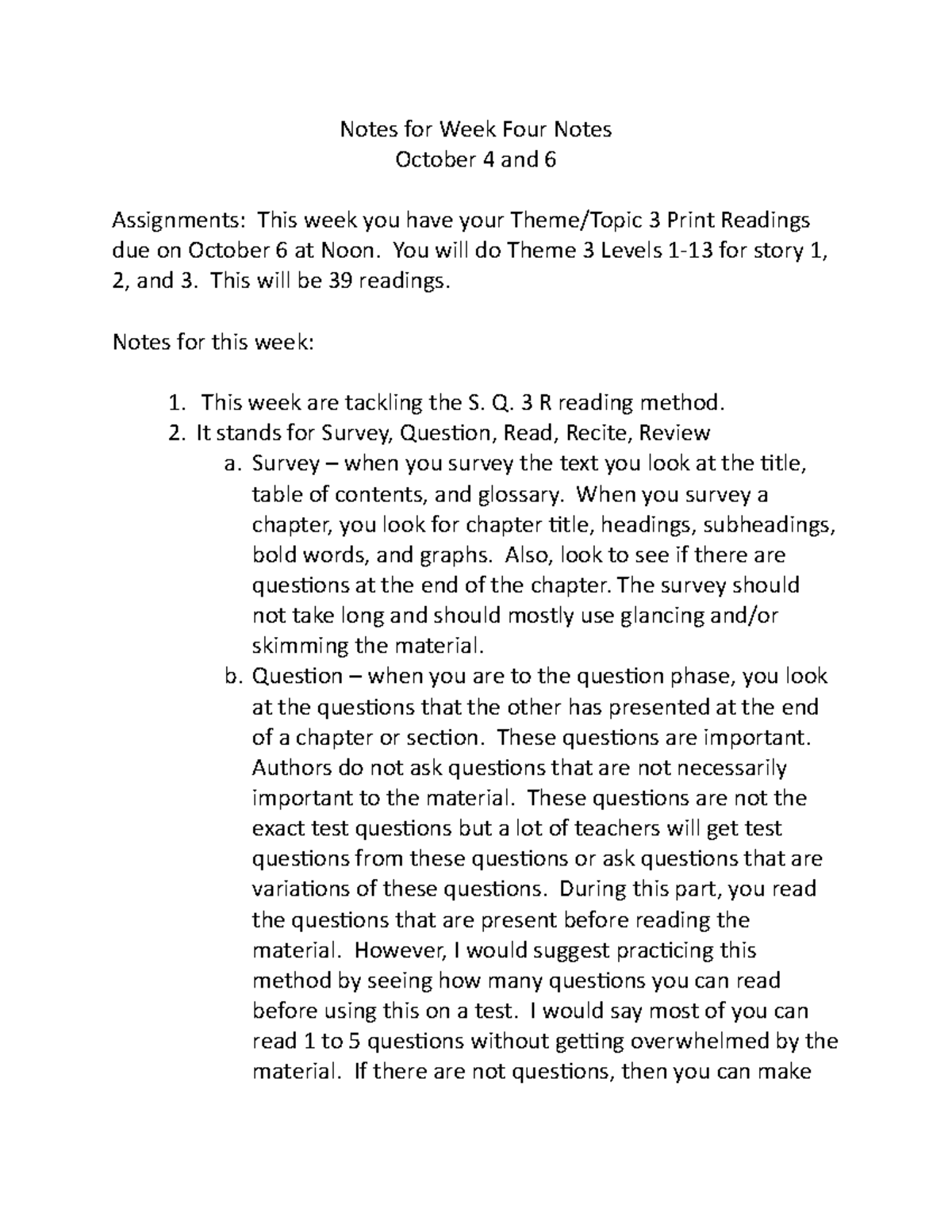 Notes for Week 4 - You will do Theme 3 Levels 1-13 for story 1, 2, and ...
