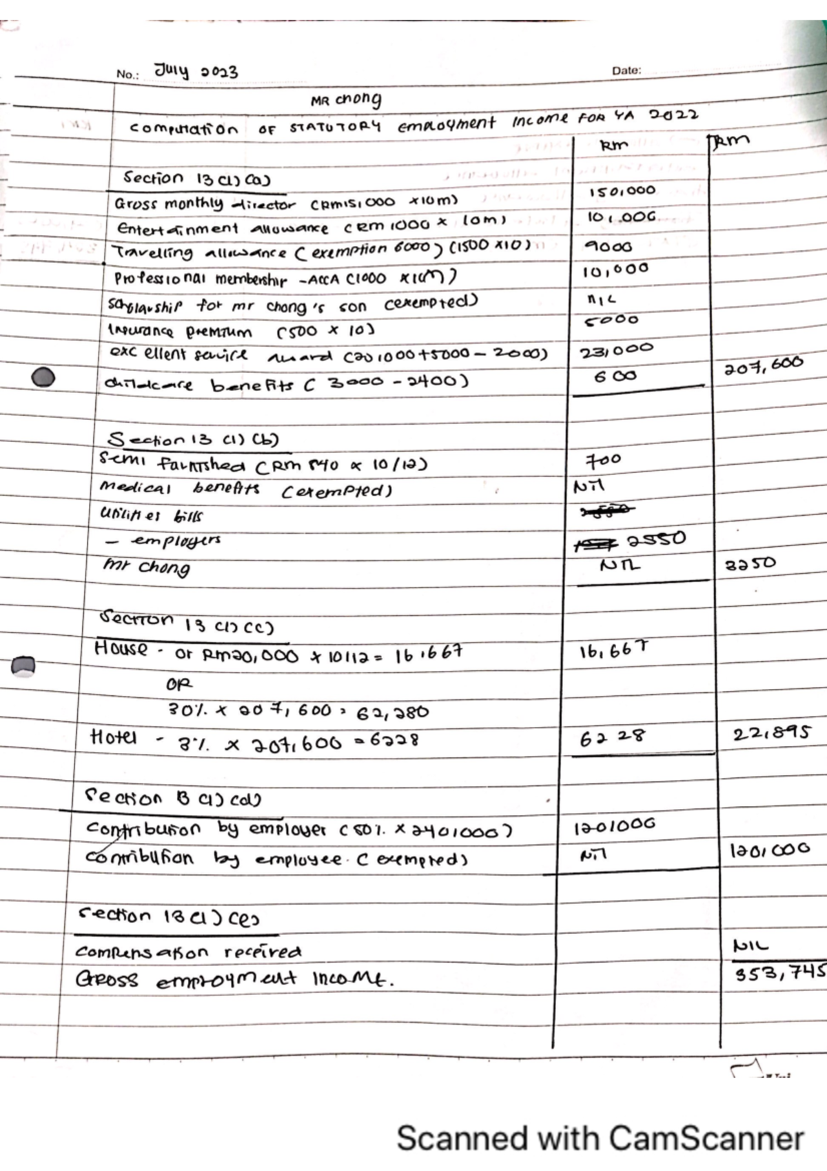 Tax267 - No.: July 2023 Date: MR chong computation OF STATUTORY ...