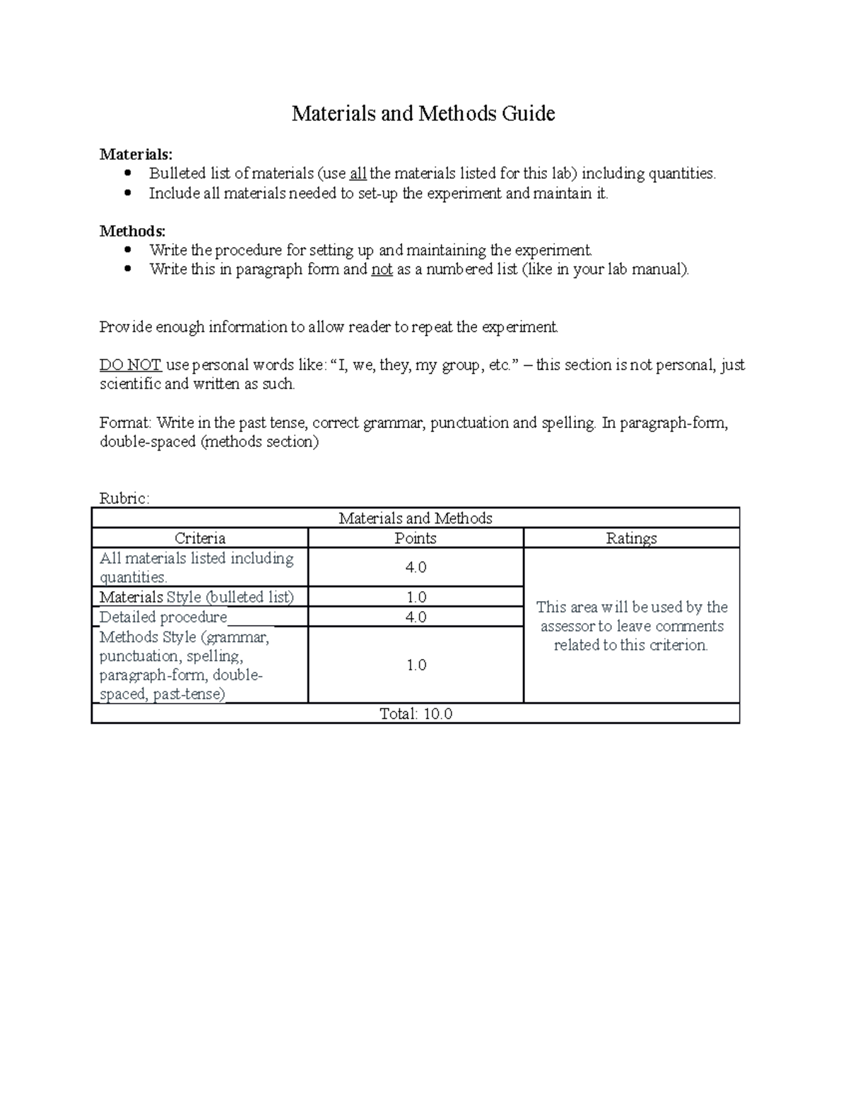 Part 3Materials and Methods Outline Materials and Methods Guide
