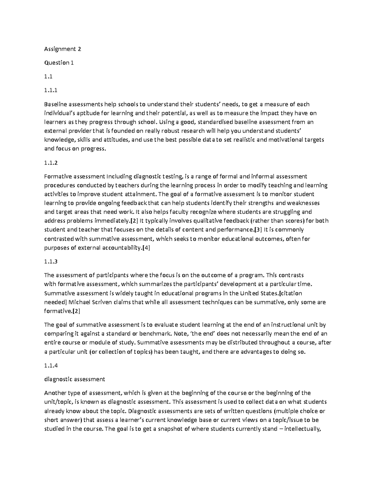 AED3701 Assignment 2 Question 1 Baseline assessments help schools to