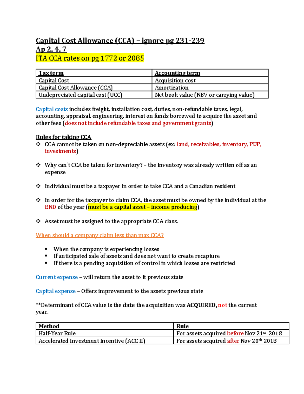 ACCO 440 notes - Capital Cost Allowance (CCA) – ignore pg 231- Ap 2, 4 ...