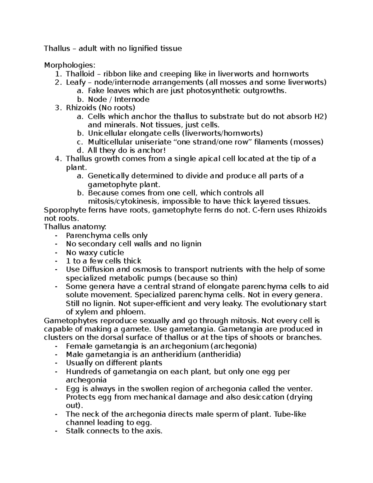 Botany Notes - Fern Morphologies and Bryophyta Species - Thallus ...