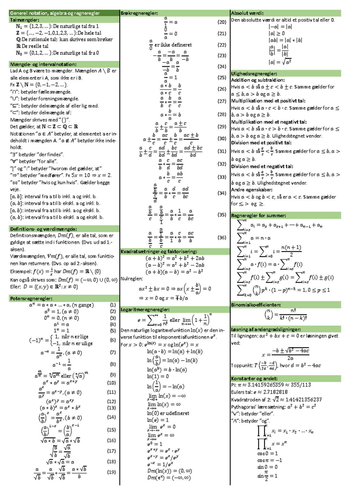 Formelsamling Til Mat:stat - Generel Notation, Algebra Og Regneregler ...