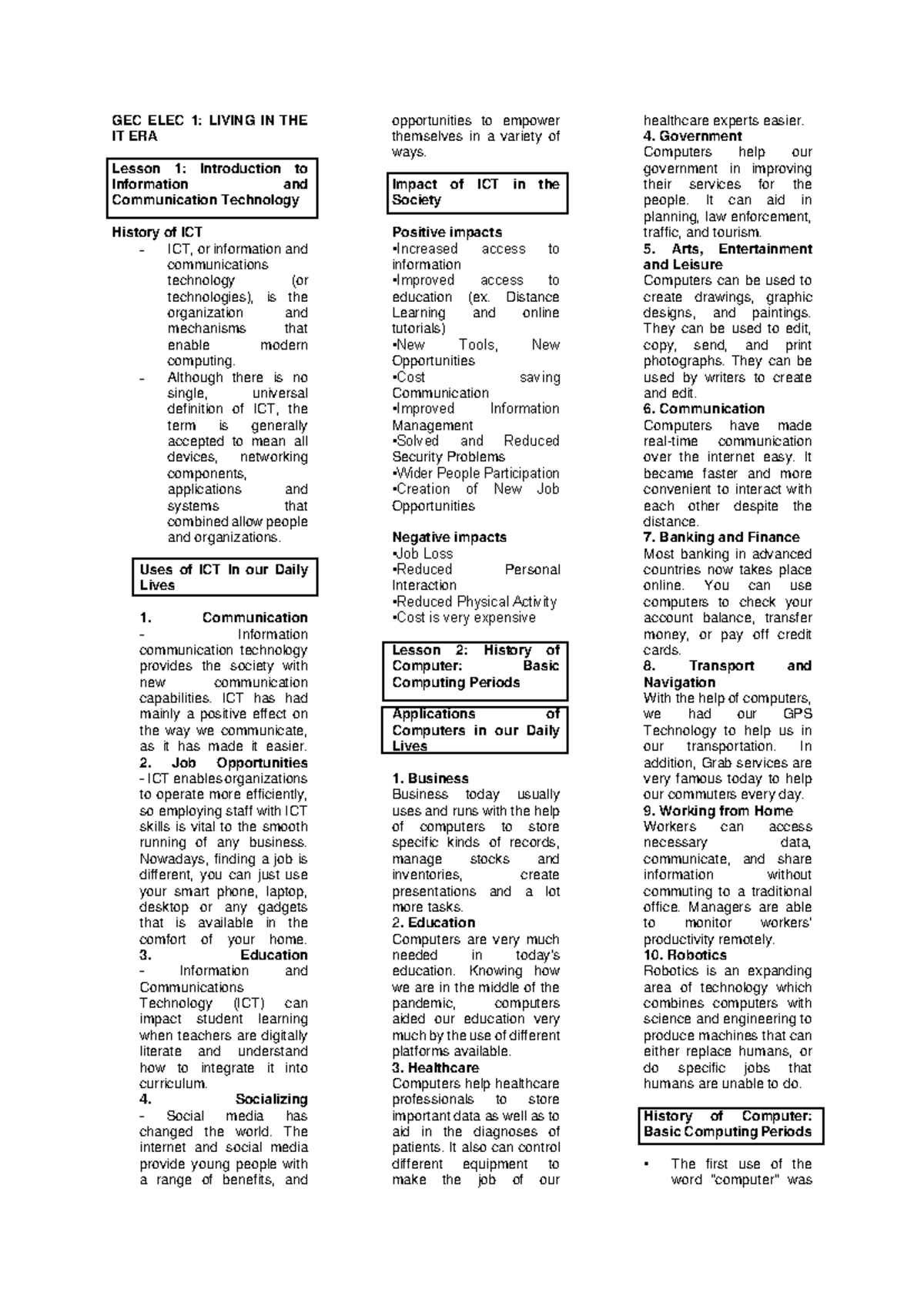 GEC ELEC 1 Lesson - reviewer - GEC ELEC 1: LIVING IN THE IT ERA Lesson ...