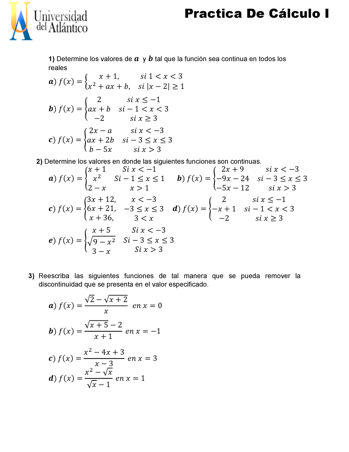 Practica De Continuidad - Practica De Cálculo I 1) Determine Los ...