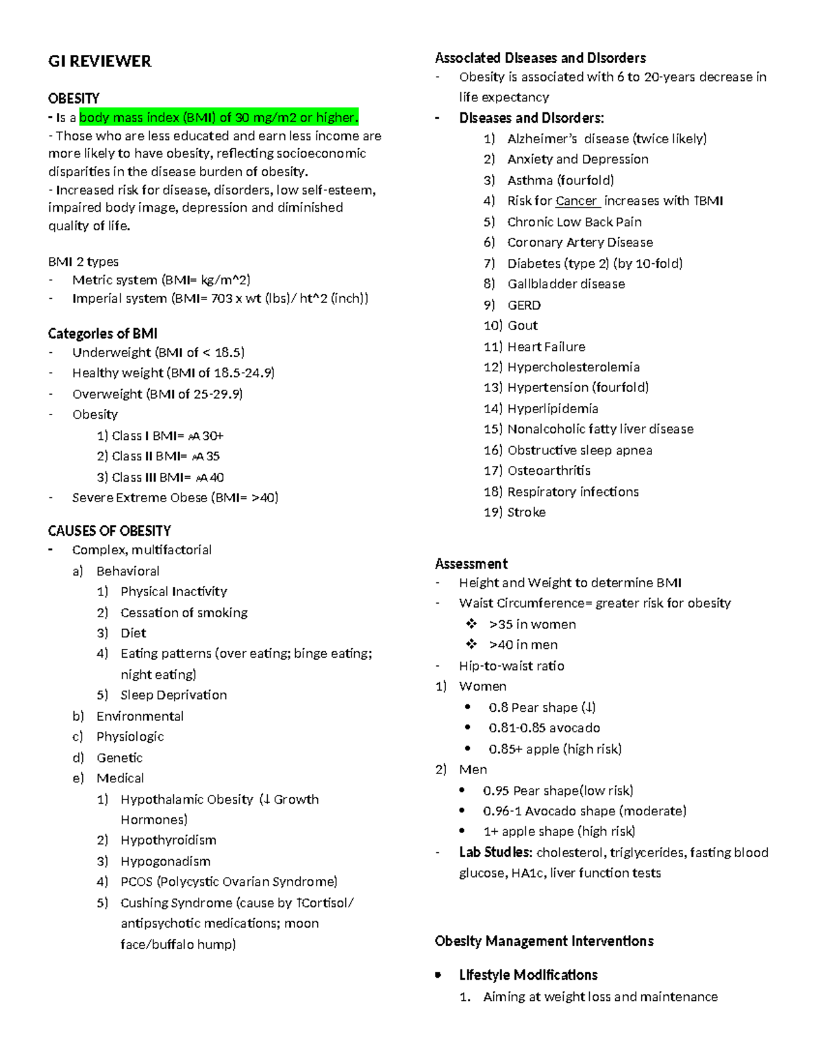GI Reviewer GASTRO AND ENDO SYSTEM DISORDERS GI REVIEWER OBESITY Is