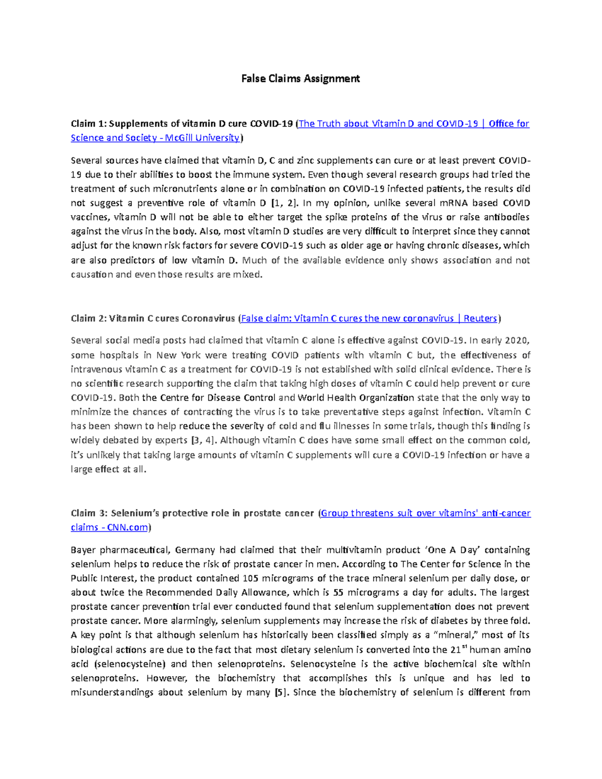 False Claim Assignment False Claims Assignment Claim 1 Supplements