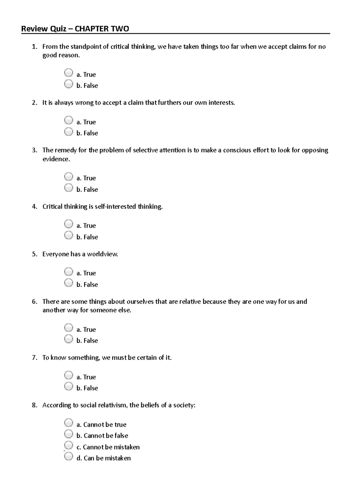 critical thinking chapter 2 quiz