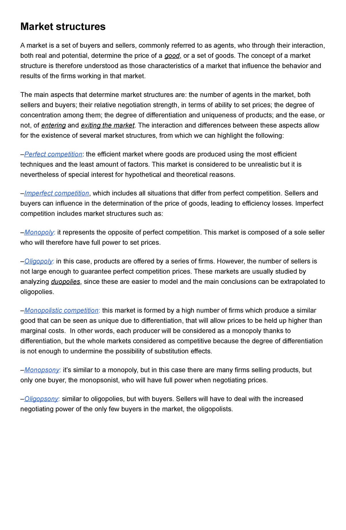 write an essay on basic market structures