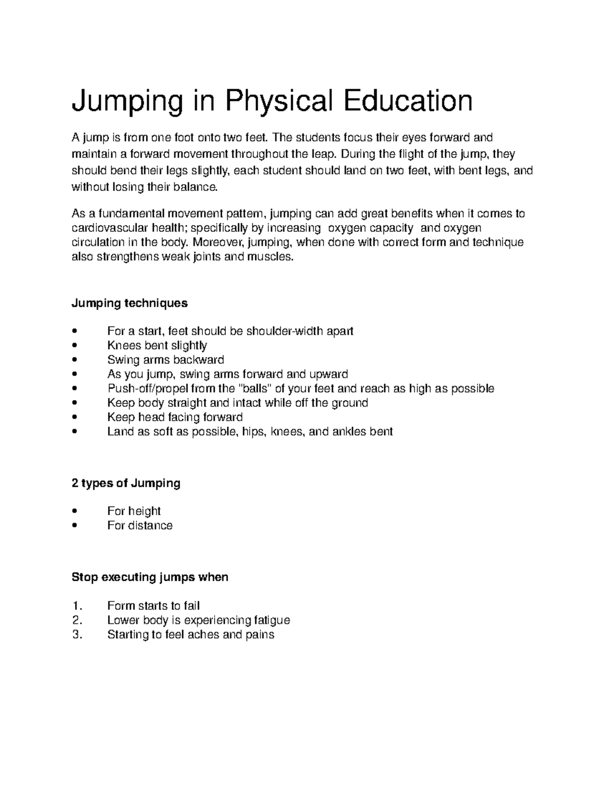 Jumping in Physical Education - TIP - Studocu
