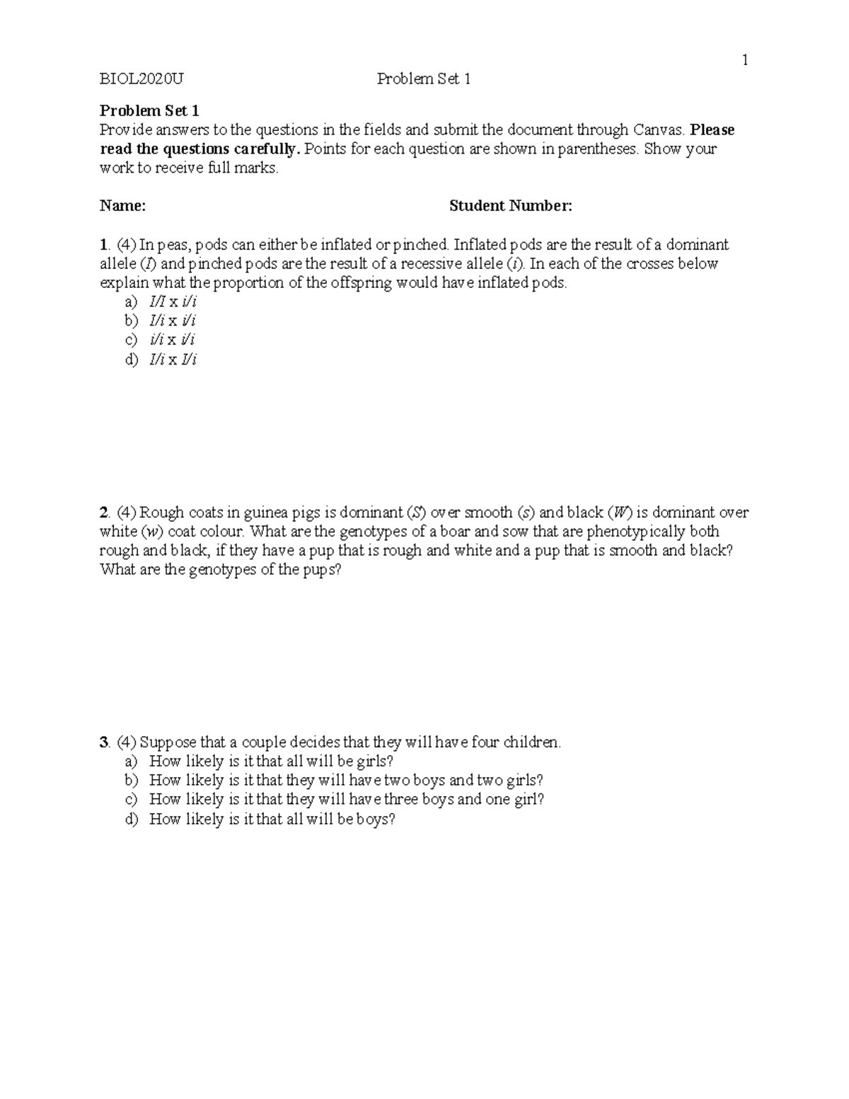 Problem Set 1 - Please read the questions carefully. Points for each ...