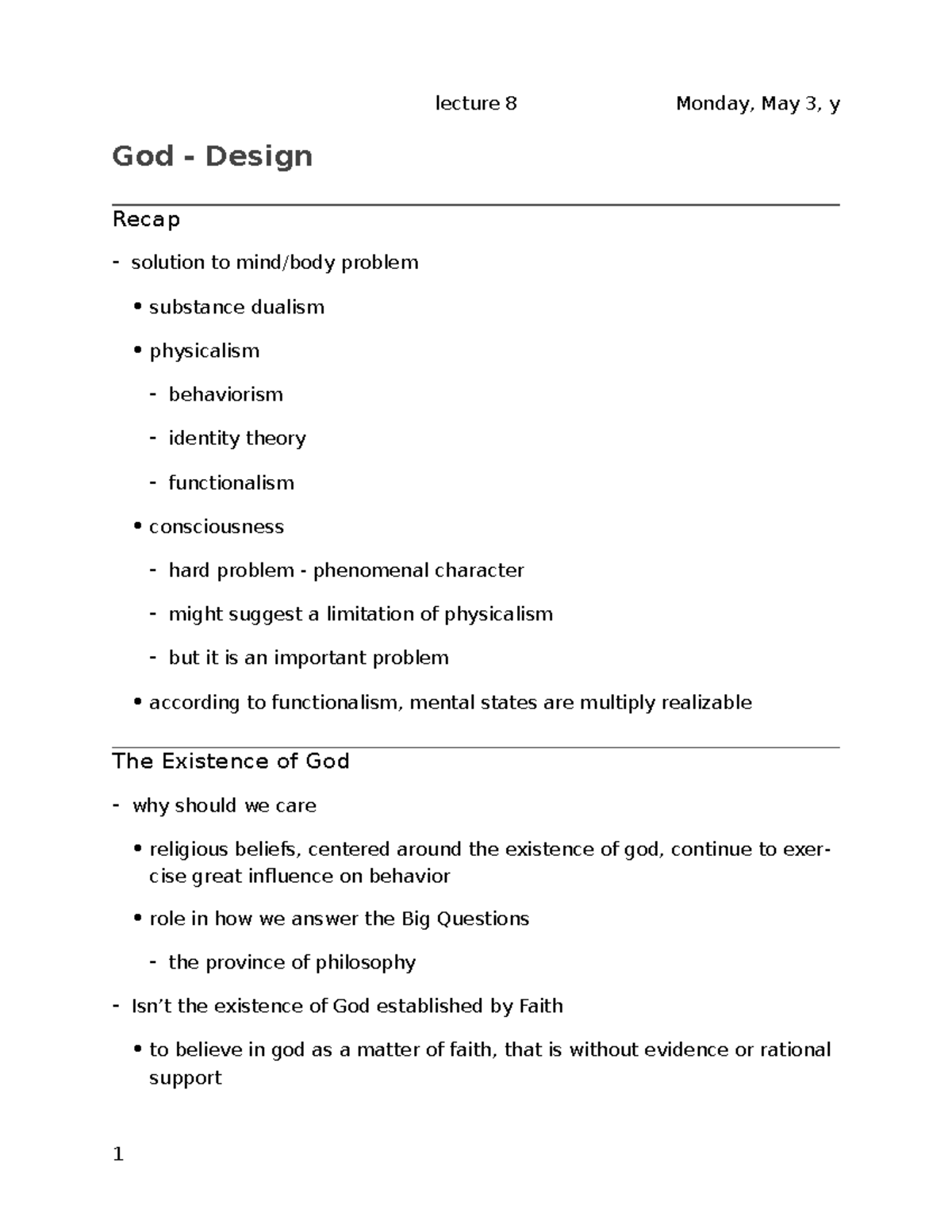 Lec8 - Lecture notes 8 - God - Design Recap - solution to mind/body ...