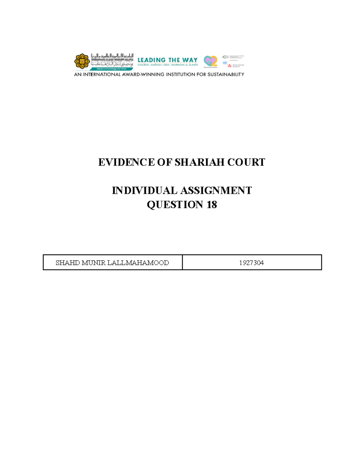 ESC Individual Assignment - EVIDENCE OF SHARIAH COURT INDIVIDUAL ...
