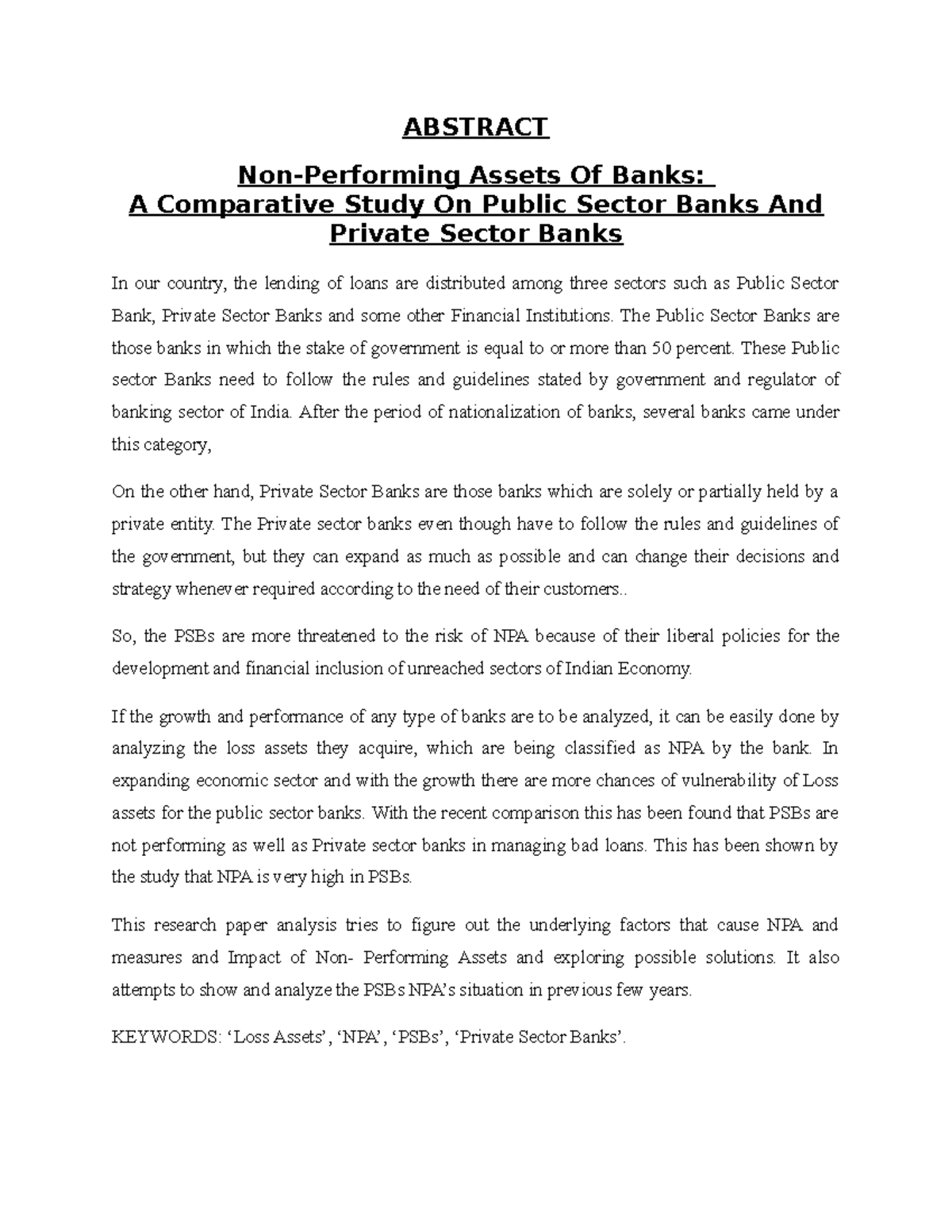 Abstracts of Abstract - ABSTRACT Non-Performing Assets Of Banks: A ...