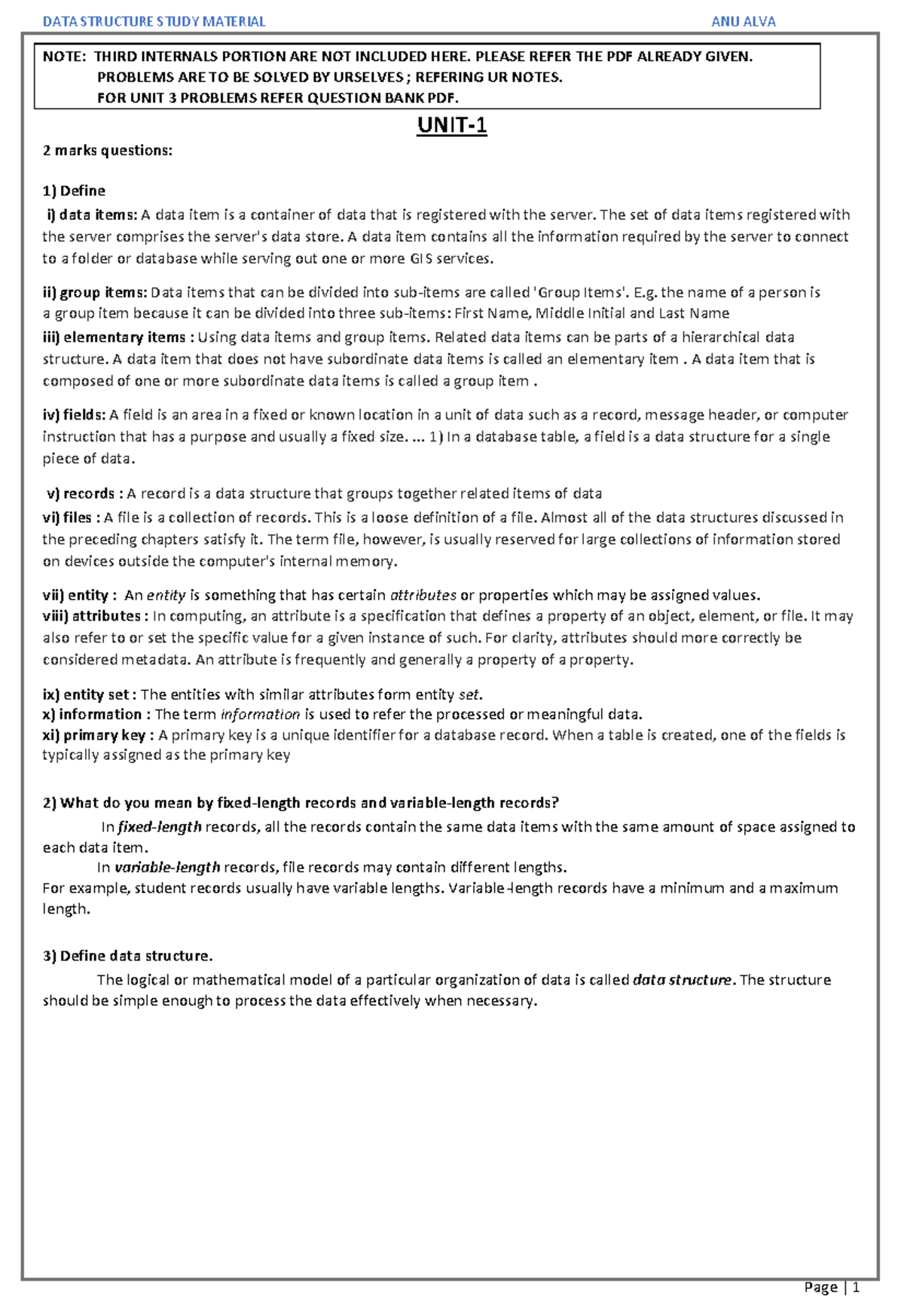Ds study material - DSA Notes - NOTE: THIRD INTERNALS PORTION ARE NOT ...